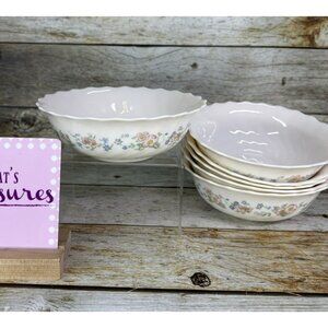 Arcopal CHAMPETRE Pink Blue Flower Ivory Scalloped France Cereal Bowls Set of 6